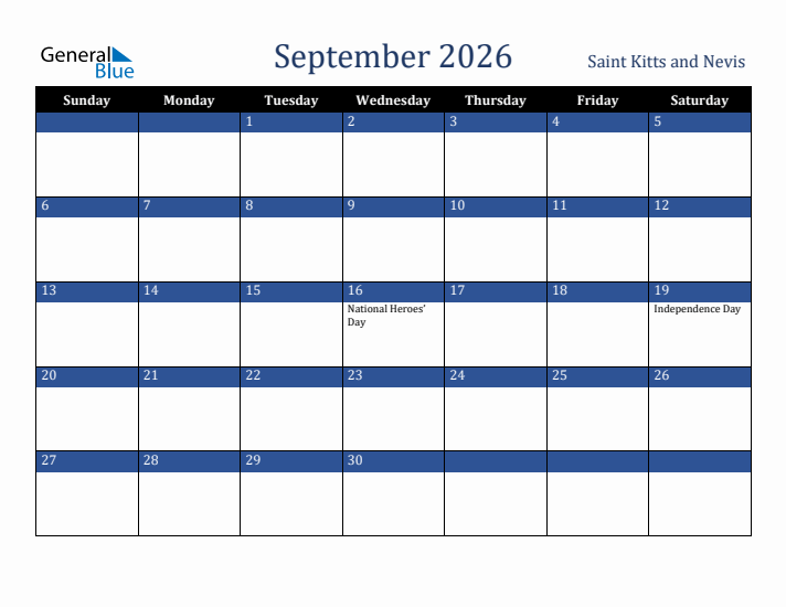 September 2026 Saint Kitts and Nevis Calendar (Sunday Start)