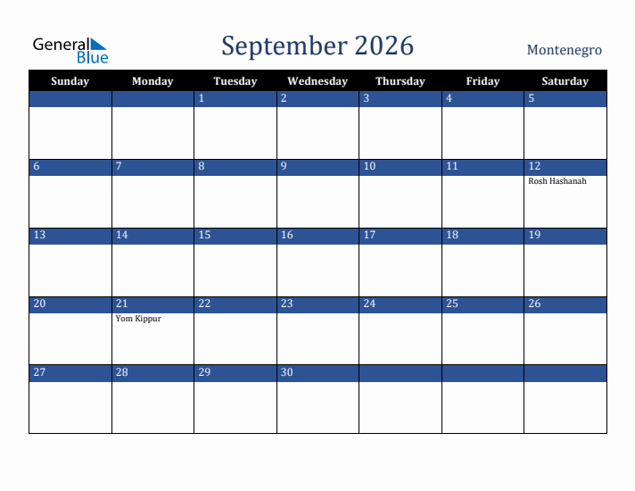 September 2026 Montenegro Calendar (Sunday Start)