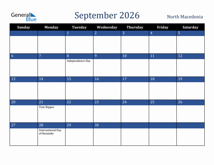 September 2026 North Macedonia Calendar (Sunday Start)