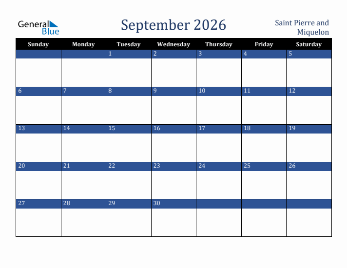 September 2026 Saint Pierre and Miquelon Calendar (Sunday Start)