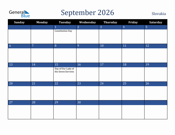 September 2026 Slovakia Calendar (Sunday Start)