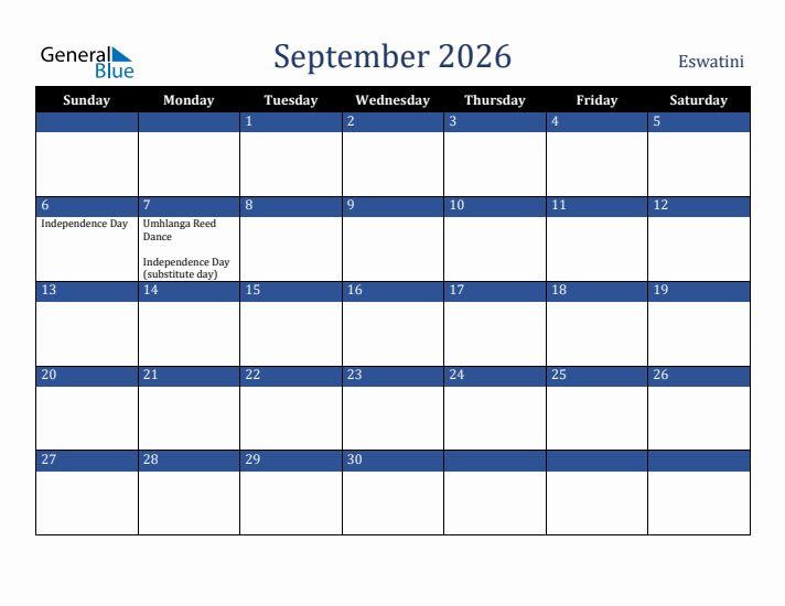 September 2026 Eswatini Calendar (Sunday Start)