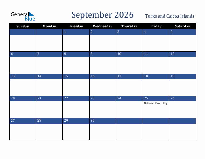 September 2026 Turks and Caicos Islands Calendar (Sunday Start)