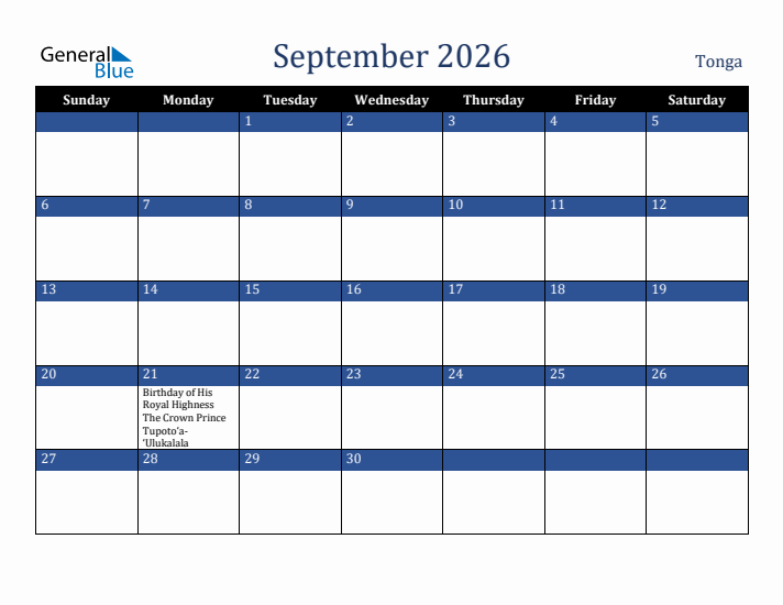 September 2026 Tonga Calendar (Sunday Start)