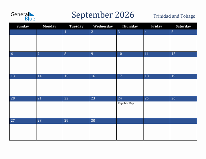 September 2026 Trinidad and Tobago Calendar (Sunday Start)