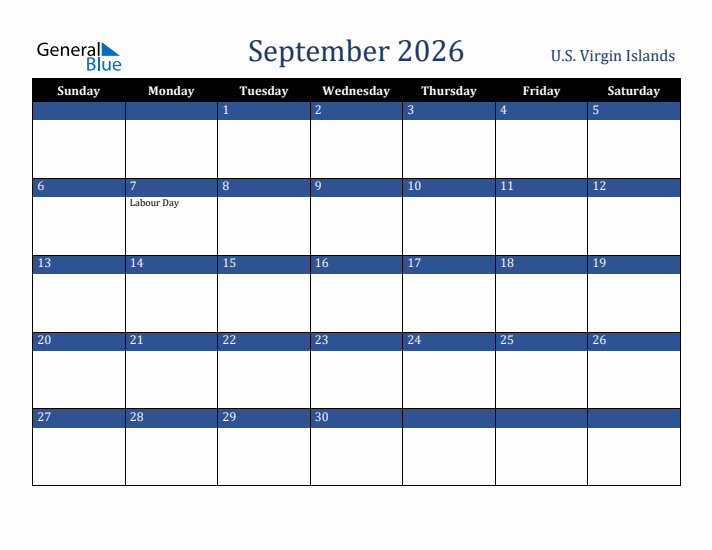 September 2026 U.S. Virgin Islands Calendar (Sunday Start)