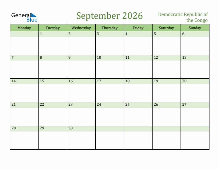 September 2026 Calendar with Democratic Republic of the Congo Holidays