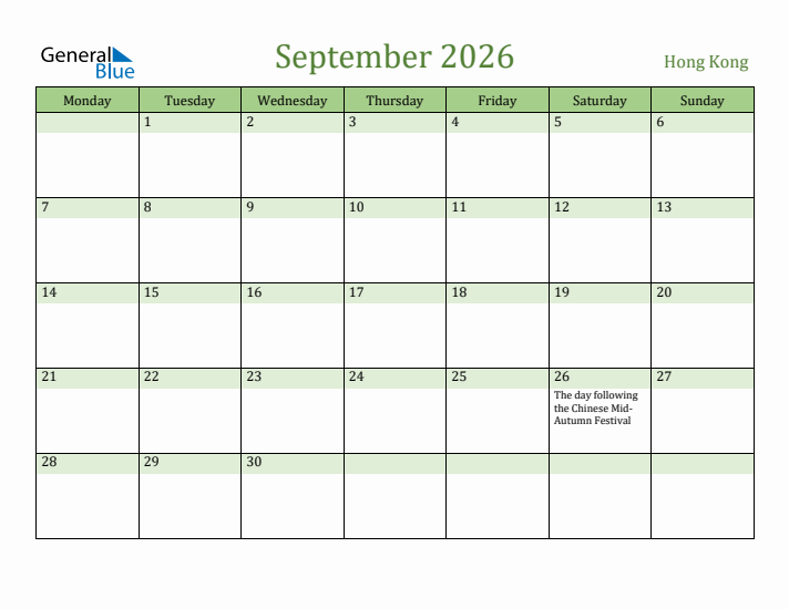 September 2026 Calendar with Hong Kong Holidays