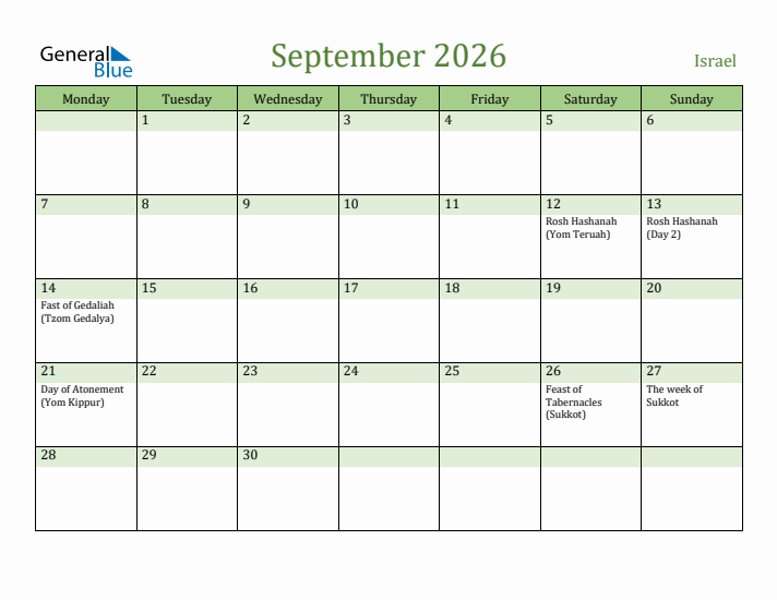 September 2026 Calendar with Israel Holidays