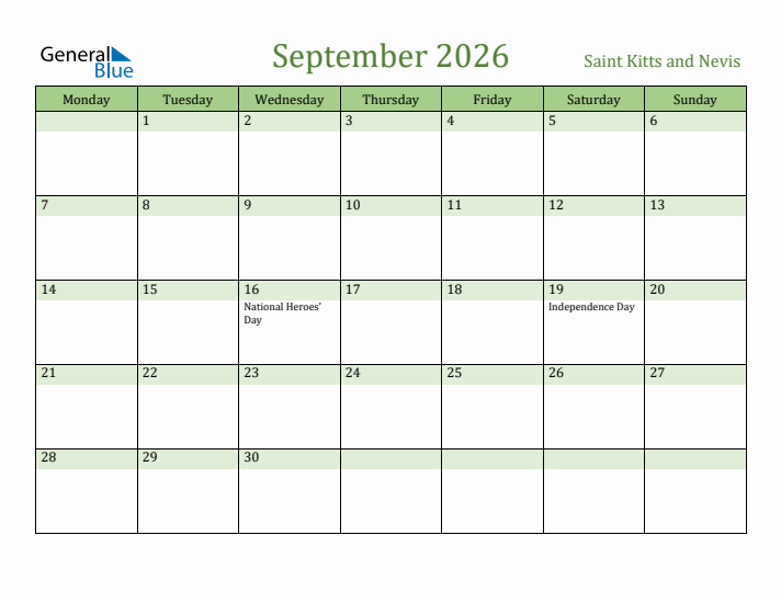 September 2026 Calendar with Saint Kitts and Nevis Holidays