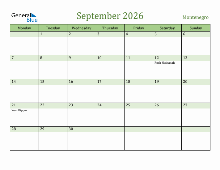September 2026 Calendar with Montenegro Holidays