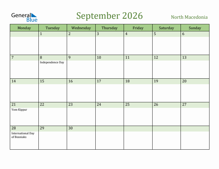 September 2026 Calendar with North Macedonia Holidays