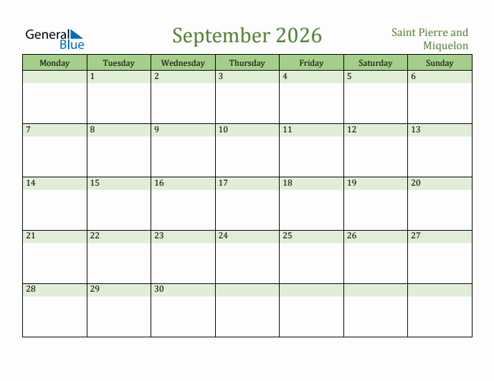 September 2026 Calendar with Saint Pierre and Miquelon Holidays