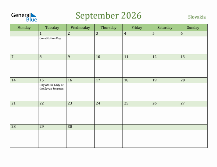 September 2026 Calendar with Slovakia Holidays