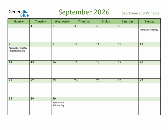 September 2026 Calendar with Sao Tome and Principe Holidays