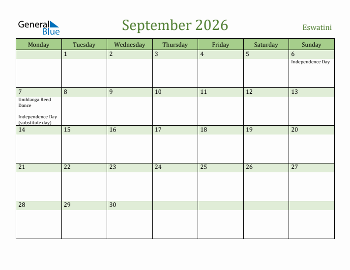 September 2026 Calendar with Eswatini Holidays