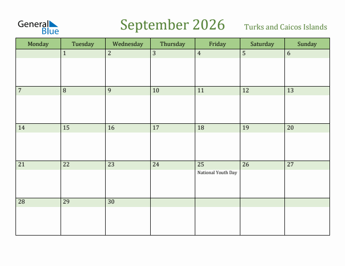 September 2026 Calendar with Turks and Caicos Islands Holidays
