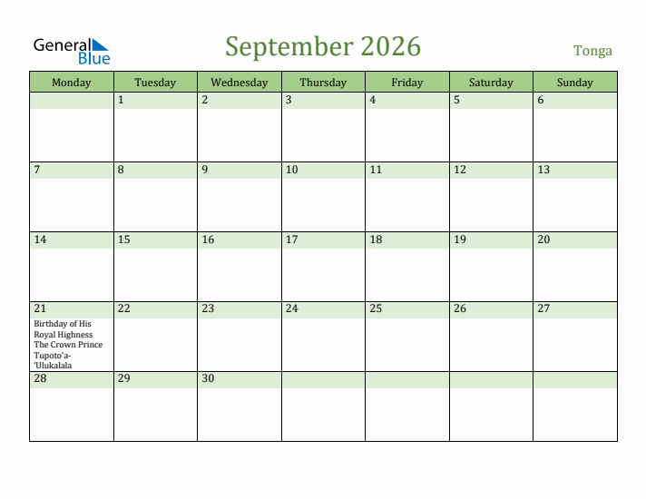 September 2026 Calendar with Tonga Holidays