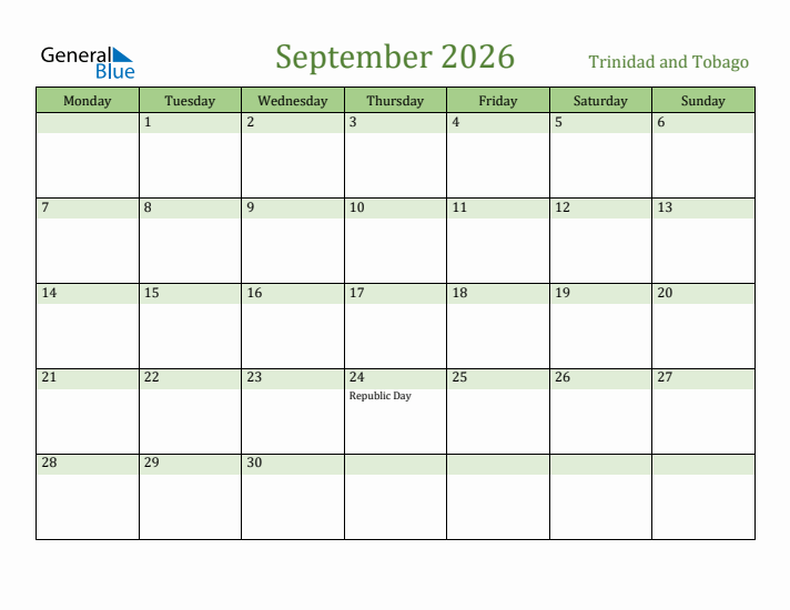 September 2026 Calendar with Trinidad and Tobago Holidays