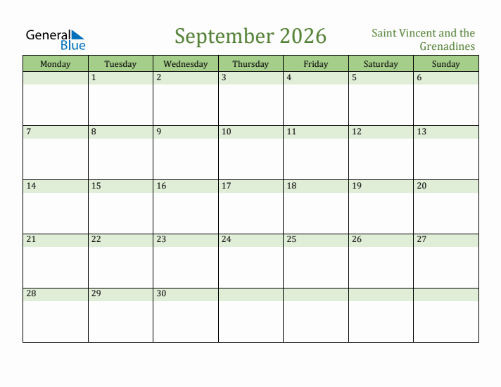 September 2026 Calendar with Saint Vincent and the Grenadines Holidays