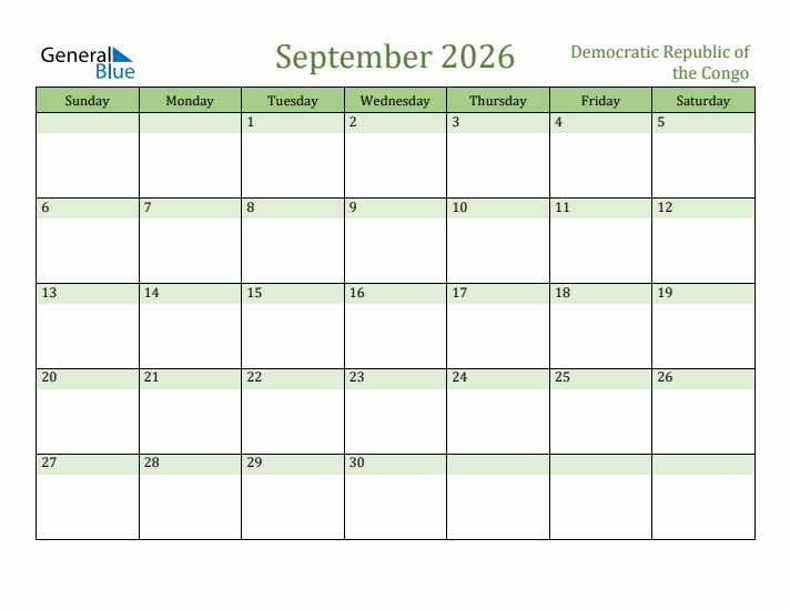September 2026 Calendar with Democratic Republic of the Congo Holidays