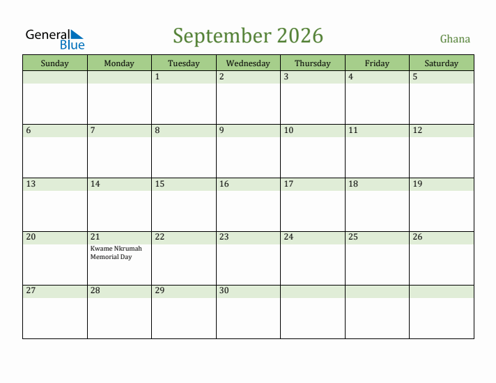 September 2026 Calendar with Ghana Holidays