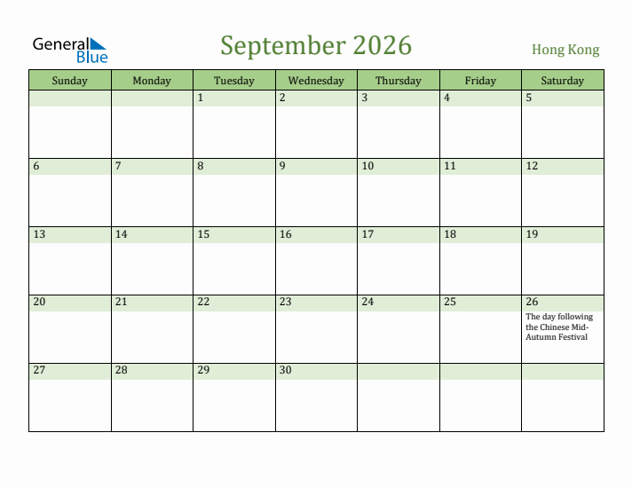 September 2026 Calendar with Hong Kong Holidays
