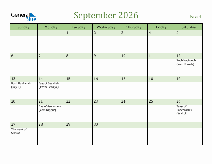 September 2026 Calendar with Israel Holidays