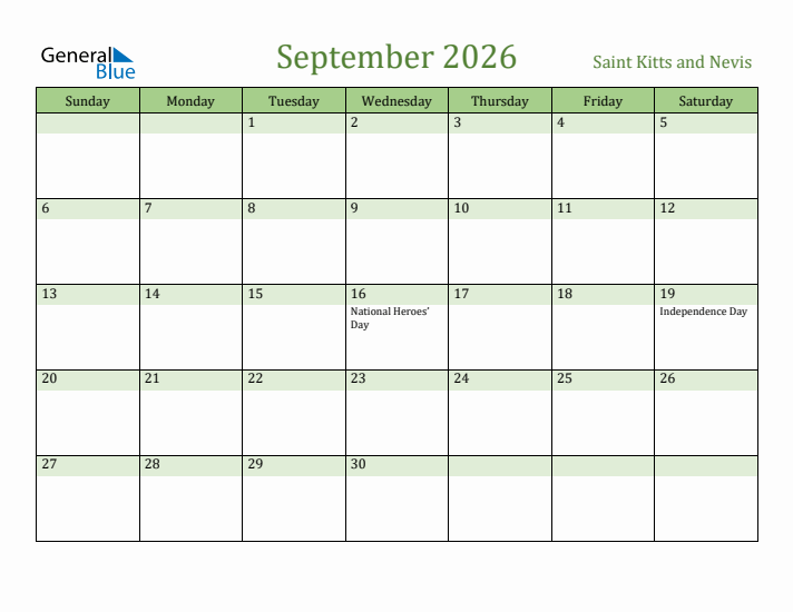 September 2026 Calendar with Saint Kitts and Nevis Holidays