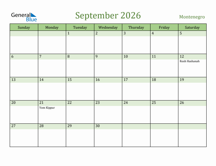 September 2026 Calendar with Montenegro Holidays