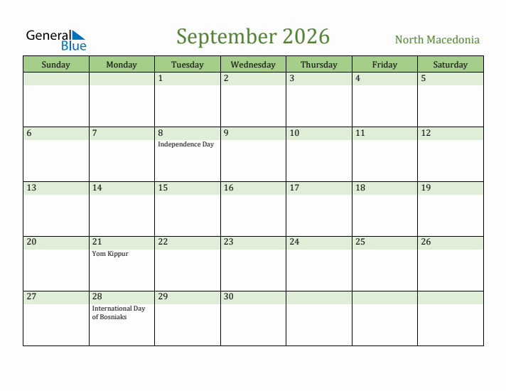 September 2026 Calendar with North Macedonia Holidays
