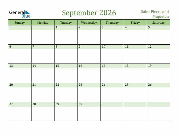 September 2026 Calendar with Saint Pierre and Miquelon Holidays