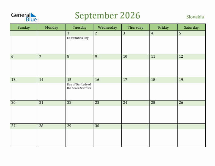 September 2026 Calendar with Slovakia Holidays