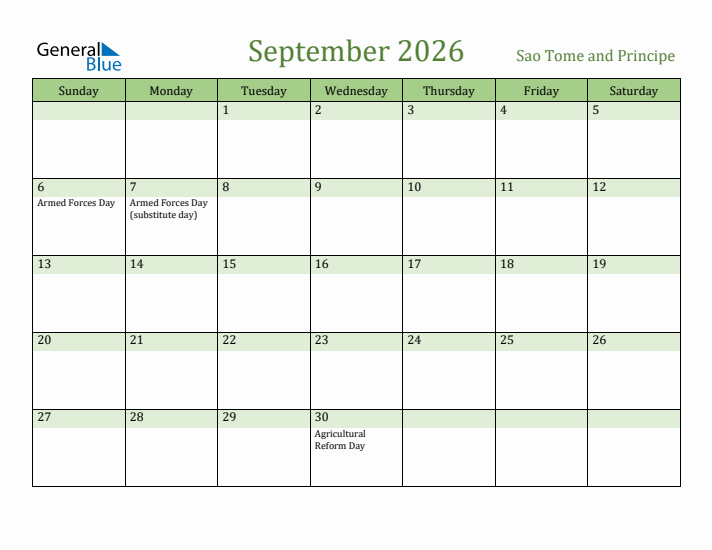 September 2026 Calendar with Sao Tome and Principe Holidays