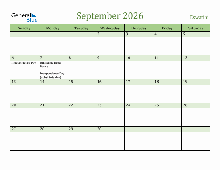 September 2026 Calendar with Eswatini Holidays