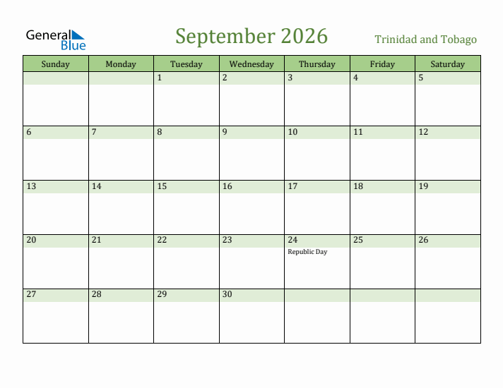 September 2026 Calendar with Trinidad and Tobago Holidays