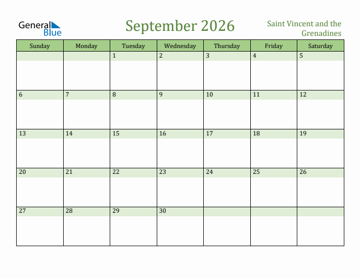 September 2026 Calendar with Saint Vincent and the Grenadines Holidays