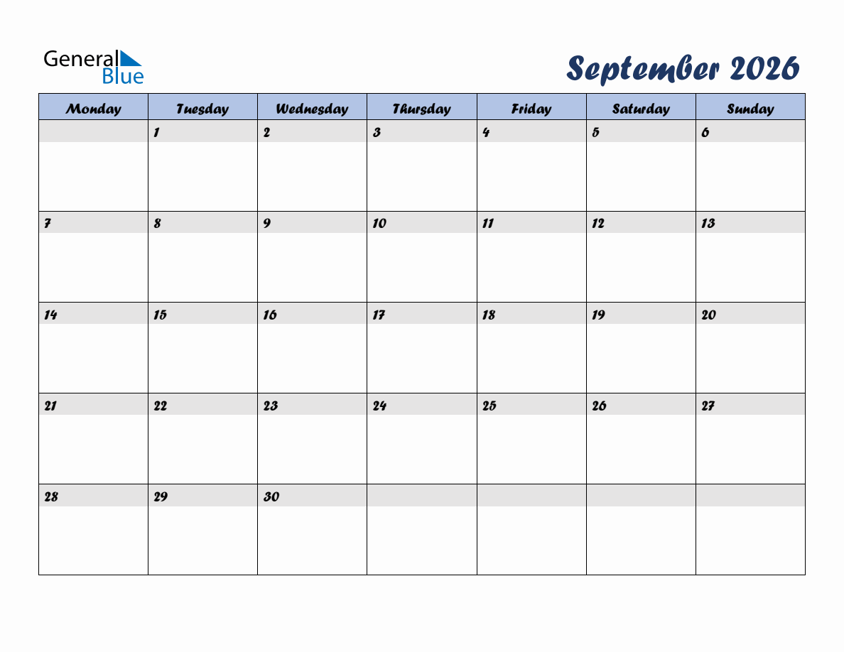 Free September 2026 Monthly Editable Calendar, starting on Monday