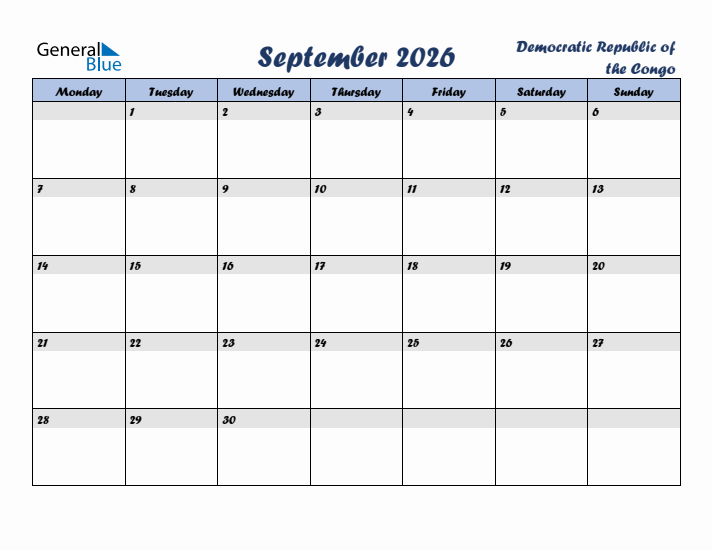 September 2026 Calendar with Holidays in Democratic Republic of the Congo