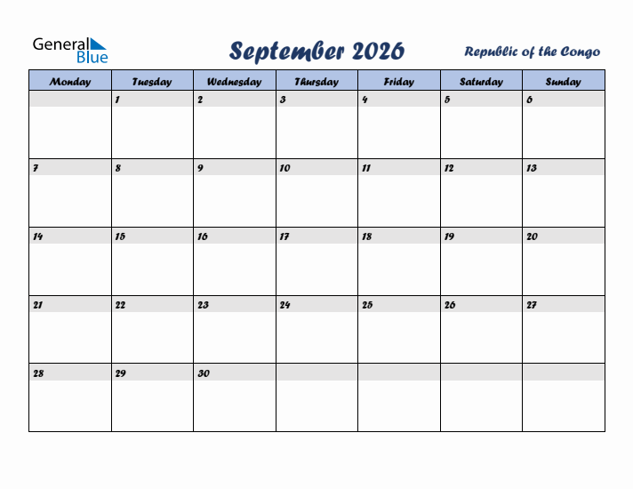 September 2026 Calendar with Holidays in Republic of the Congo