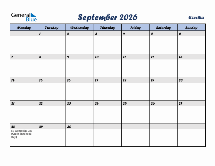 September 2026 Calendar with Holidays in Czechia