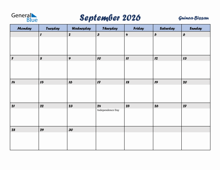 September 2026 Calendar with Holidays in Guinea-Bissau