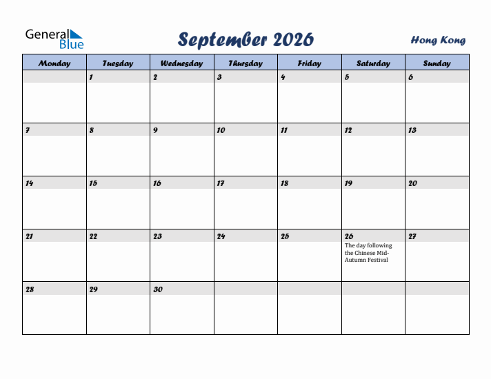 September 2026 Calendar with Holidays in Hong Kong