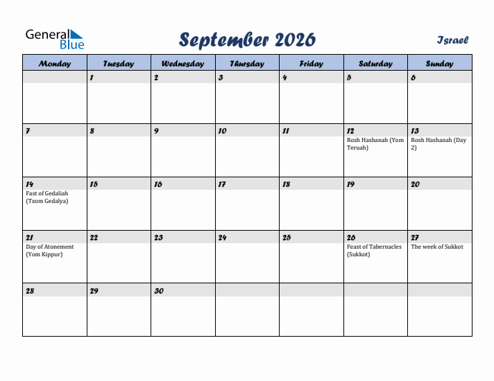 September 2026 Calendar with Holidays in Israel