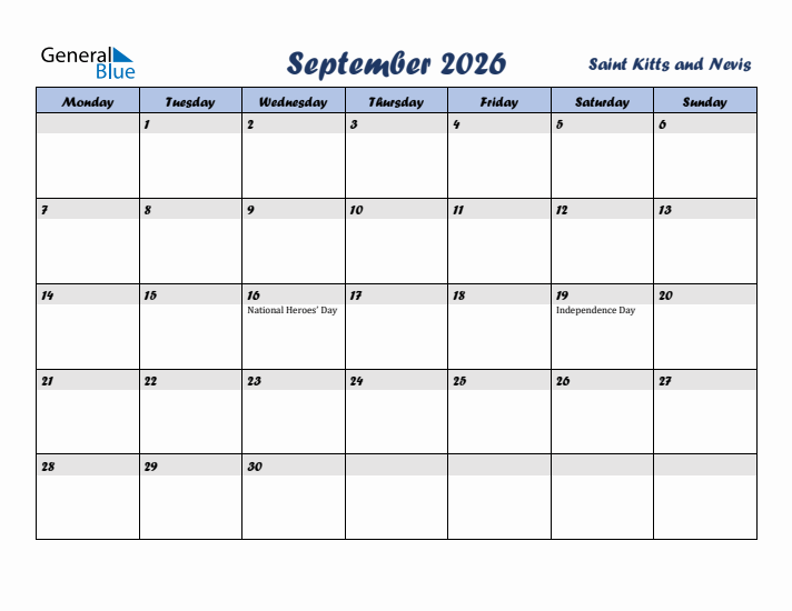 September 2026 Calendar with Holidays in Saint Kitts and Nevis