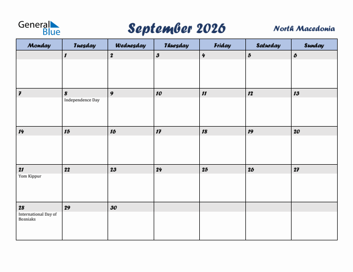 September 2026 Calendar with Holidays in North Macedonia