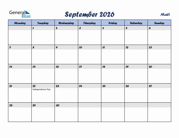 September 2026 Calendar with Holidays in Mali