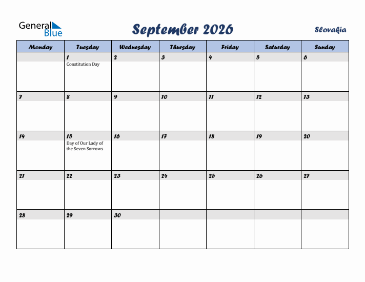 September 2026 Calendar with Holidays in Slovakia