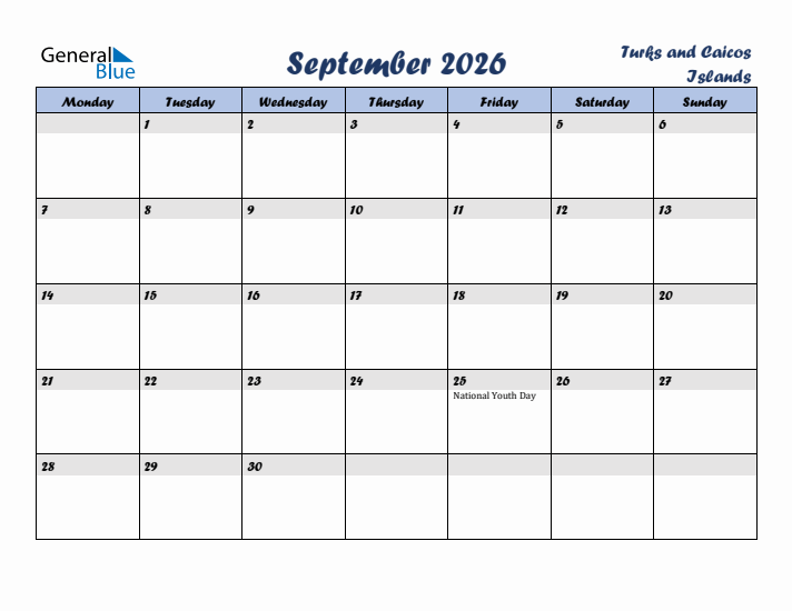 September 2026 Calendar with Holidays in Turks and Caicos Islands