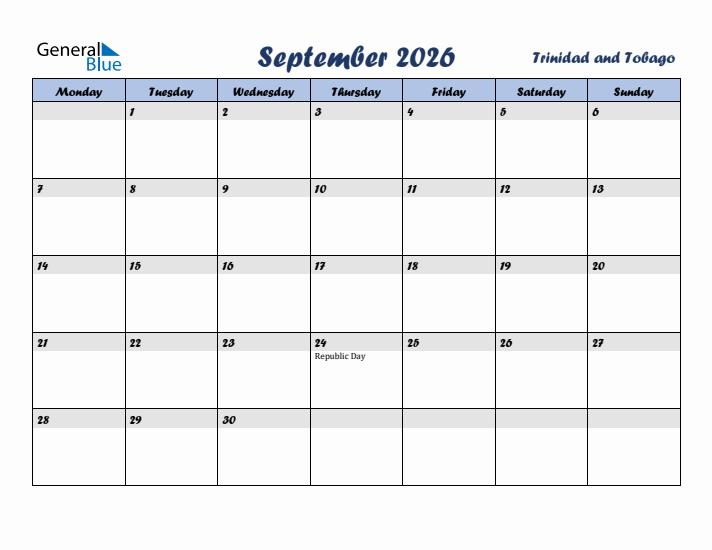 September 2026 Calendar with Holidays in Trinidad and Tobago